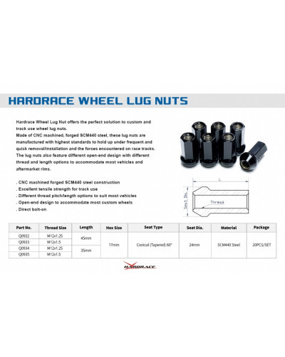 HARDRACE MOTORSPORTS SCM440 WHEEL NUTS  M12 x 1.25 45MM : KYP PERFORMANCE HOUSE