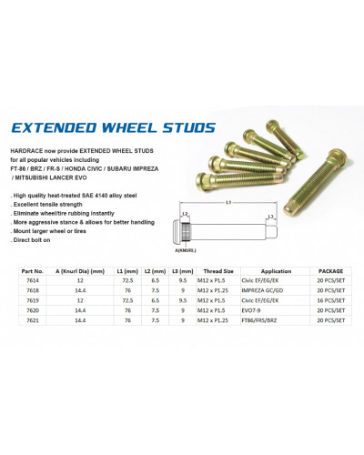 HARDRACE EXTENDED WHEELSTUD SUBARU, TOYOTA, 86, BRZ, FR-S, ZC 6, ZN6, FT86/FR-S ZN6/ZC6 : KYP PERFORMANCE HOUSE |FAST SHIPPING J