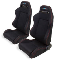 NRG Reclinable Sport Bucket Seat PAIR - Black Cloth w/Red Stitch