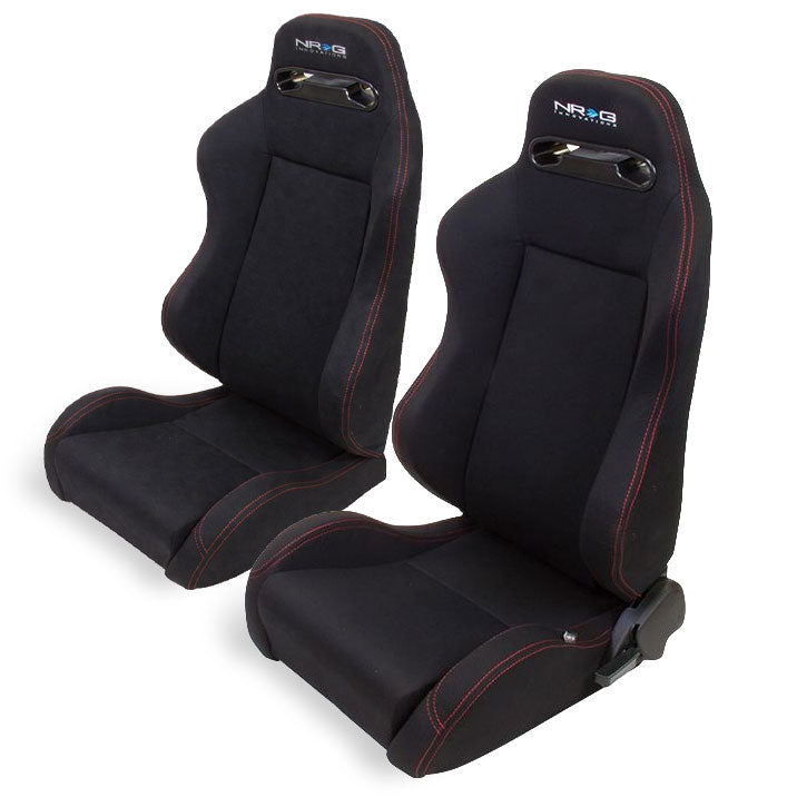 NRG Reclinable Sport Bucket Seat PAIR - Black Cloth w/Red Stitch