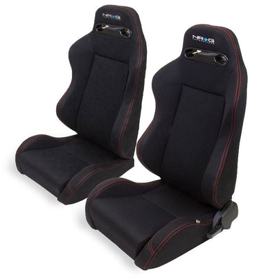NRG Reclinable Sport Bucket Seat PAIR - Black Cloth w/Red Stitch