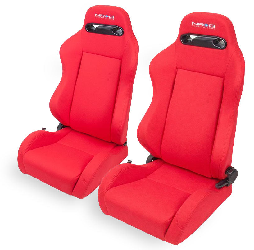 NRG Reclinable Sport Bucket Seat PAIR - Red Cloth w/Red Stitch
