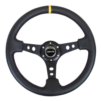 NRG Reinforced 350mm Sport 3" Deep Dish Steering Wheel - Black Hole Spoke/Black Leather/Black Stitch w/Yellow Stripe