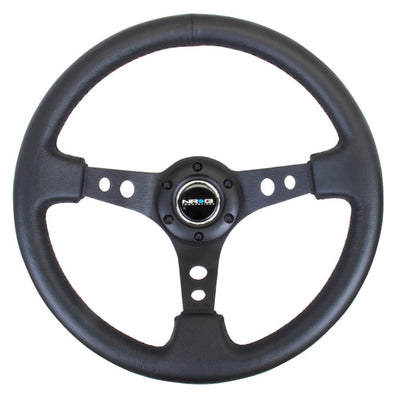 NRG Reinforced 350mm Sport 3" Deep Dish Steering Wheel - Black Hole Spoke/Black Leather/Black Stitch