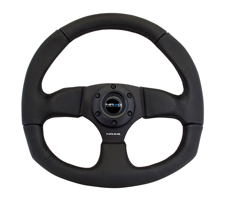 NRG Reinforced Flat Bottom Steering Wheel - Black Spoke/Black Leather/Black Stitch
