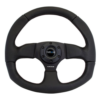 NRG Reinforced Flat Bottom Steering Wheel - Black Spoke/Black Leather/Black Stitch