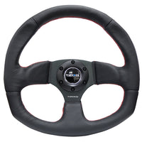 NRG Reinforced Flat Bottom Steering Wheel - Black Spoke/Black Leather/Red Stitch