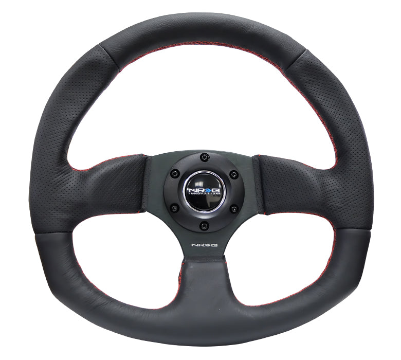 NRG Reinforced Flat Bottom Steering Wheel - Black Spoke/Black Leather/Red Stitch
