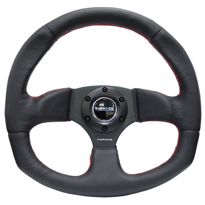 NRG Reinforced Flat Bottom Steering Wheel - Black Spoke/Black Leather/Red Stitch