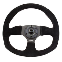 NRG Reinforced Flat Bottom Steering Wheel - Black Spoke/Black Suede/Black Stitch