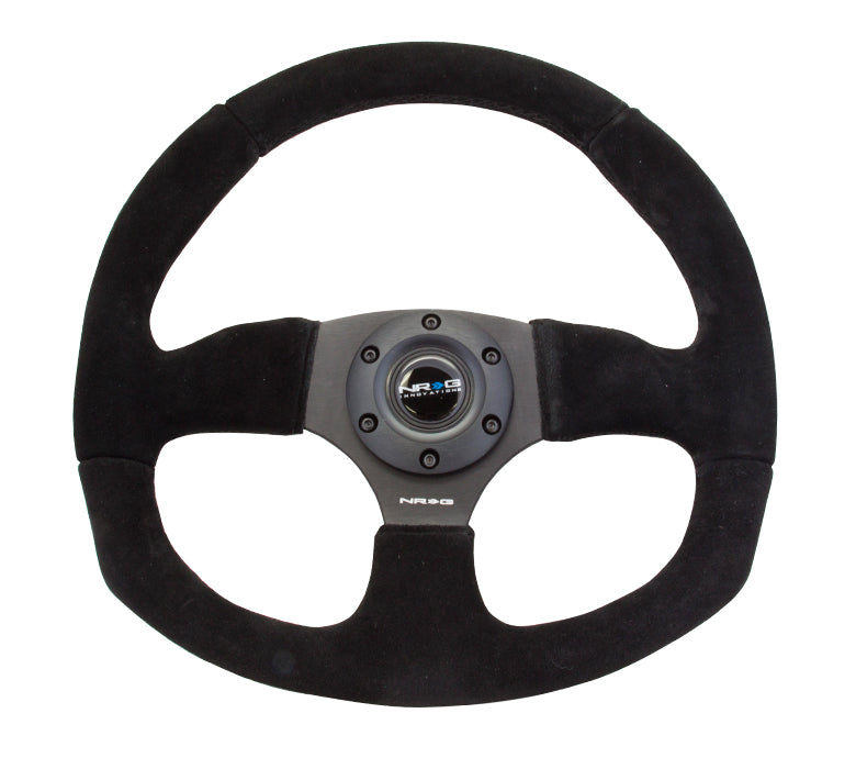 NRG Reinforced Flat Bottom Steering Wheel - Black Spoke/Black Suede/Black Stitch