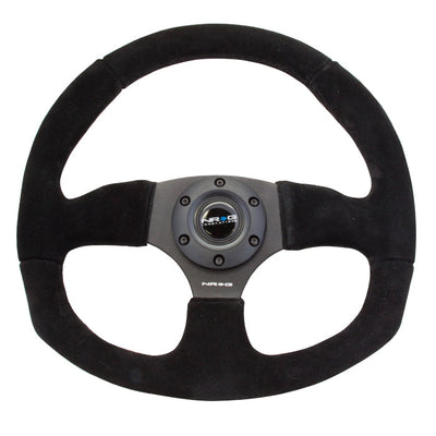 NRG Reinforced Flat Bottom Steering Wheel - Black Spoke/Black Suede/Black Stitch