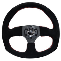 NRG Reinforced Flat Bottom Steering Wheel - Black Spoke/Black Suede/Red Stitch