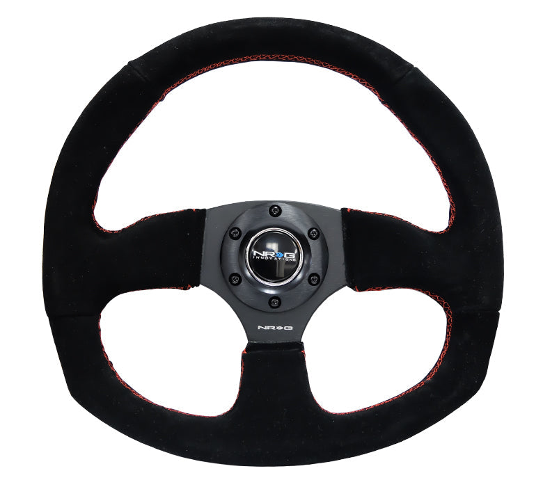 NRG Reinforced Flat Bottom Steering Wheel - Black Spoke/Black Suede/Red Stitch