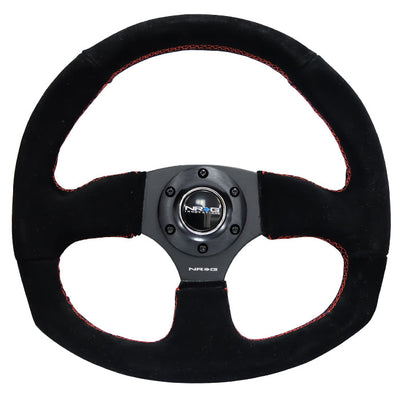 NRG Reinforced Flat Bottom Steering Wheel - Black Spoke/Black Suede/Red Stitch