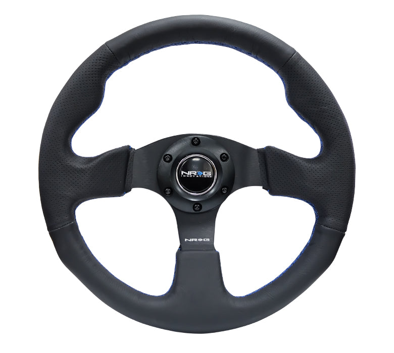 NRG Reinforced 320mm Race Steering Wheel - Black Spoke/Black Leather/Blue Stitch