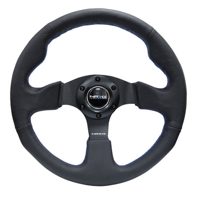 NRG Reinforced 320mm Race Steering Wheel - Black Spoke/Black Leather/Blue Stitch