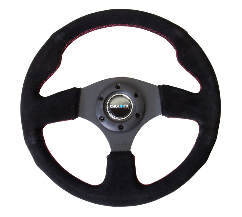 NRG Reinforced 320mm Race Steering Wheel - Black Spoke/Black Suede/Red Stitch