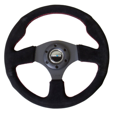 NRG Reinforced 320mm Race Steering Wheel - Black Spoke/Black Suede/Red Stitch