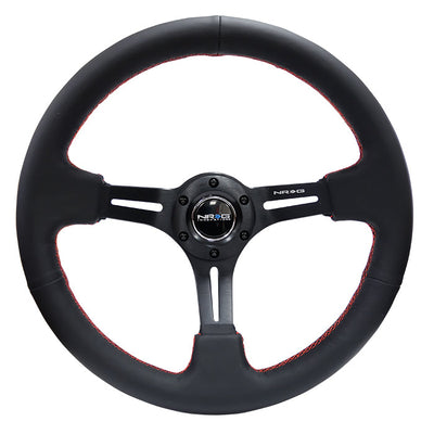 NRG Reinforced 350mm Sport 3" Deep Dish Steering Wheel - Black Slot Spoke/Black Leather/Red Stitch
