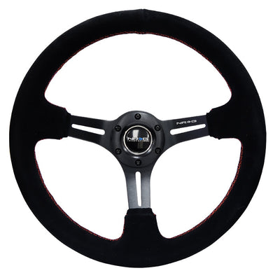 NRG Reinforced 350mm Sport 3" Deep Dish Steering Wheel - Black Slot Spoke/Black Suede/Red Stitch