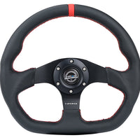 NRG Reinforced Small Flat Bottom Steering Wheel - Black Spoke/Black Leather/Red Stitch w/Red Stripe