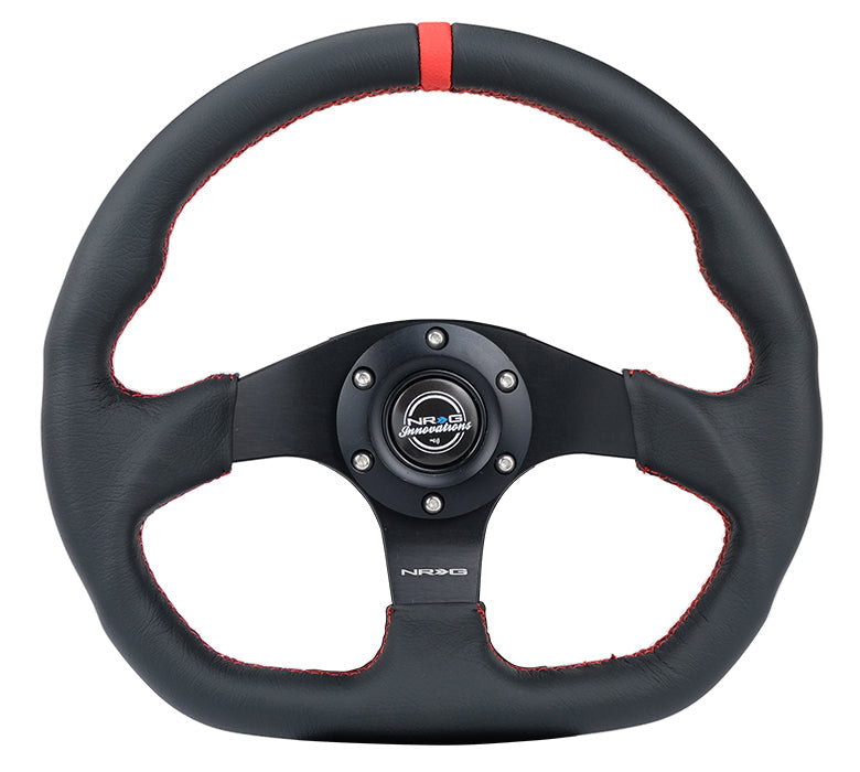 NRG Reinforced Small Flat Bottom Steering Wheel - Black Spoke/Black Leather/Red Stitch w/Red Stripe