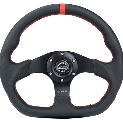 NRG Reinforced Small Flat Bottom Steering Wheel - Black Spoke/Black Leather/Red Stitch w/Red Stripe