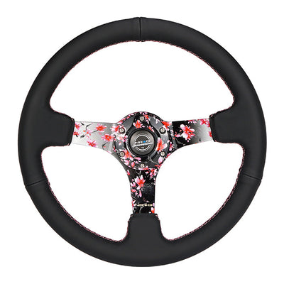 NRG Reinforced 350mm Sport 3" Deep Dish Steering Wheel - Floral Solid Spoke/Black Leather/Pink Stitch