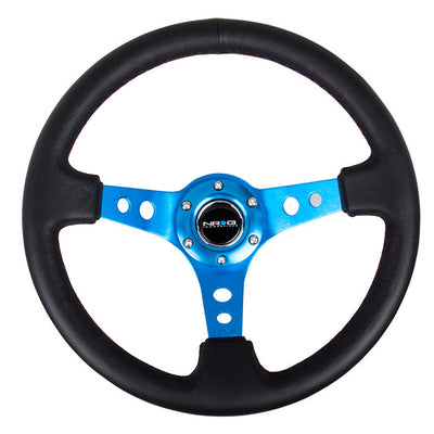 NRG Reinforced 350mm Sport 3" Deep Dish Steering Wheel - Blue Hole Spoke/Black Leather/Black Stitch