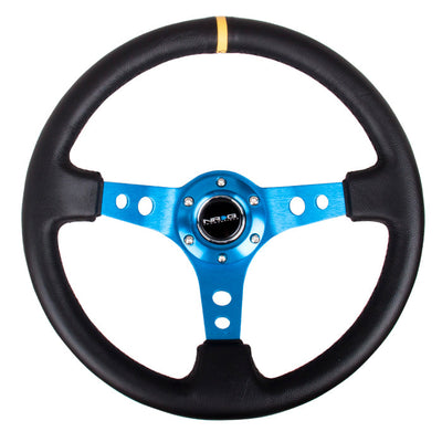 NRG Reinforced 350mm Sport 3" Deep Dish Steering Wheel - Blue Hole Spoke/Black Leather/Black Stitch w/Yellow Stripe