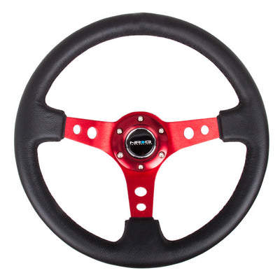 NRG Reinforced 350mm Sport 3" Deep Dish Steering Wheel - Red Hole Spoke/Black Leather/Black Stitch