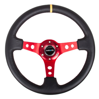 NRG Reinforced 350mm Sport 3" Deep Dish Steering Wheel - Red Hole Spoke/Black Leather/Black Stitch w/Yellow Stripe