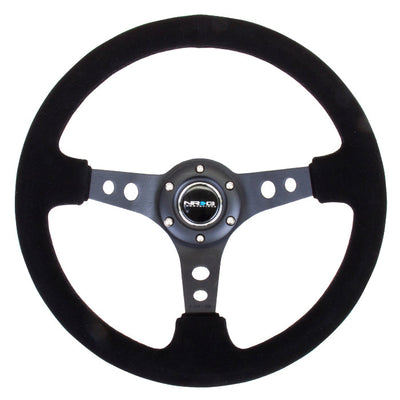 NRG Reinforced 350mm Sport 3" Deep Dish Steering Wheel - Black Hole Spoke/Black Suede/Black Stitch
