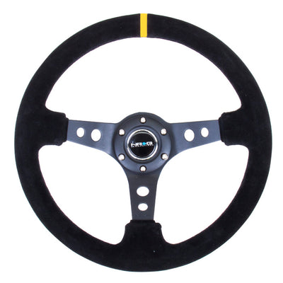 NRG Reinforced 350mm Sport 3" Deep Dish Steering Wheel - Black Hole Spoke/Black Suede/Black Stitch w/Yellow Stripe