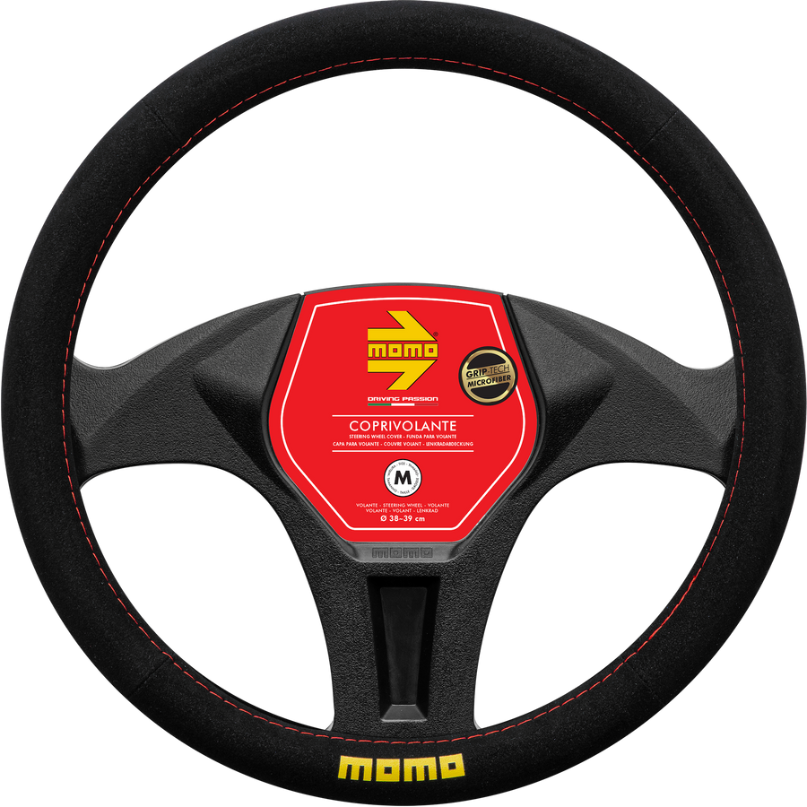 MOMO EASY Microfibre Steering Wheel Cover Black w/ Red Sitching (M)