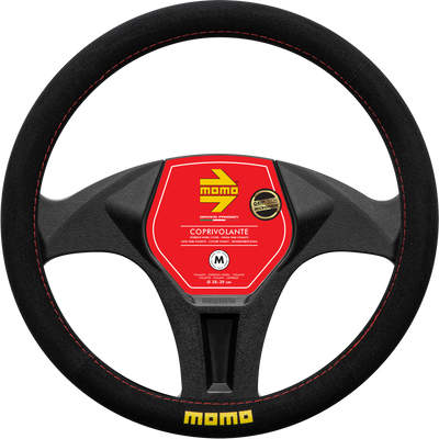 MOMO EASY Microfibre Steering Wheel Cover Black w/ Red Sitching (M)