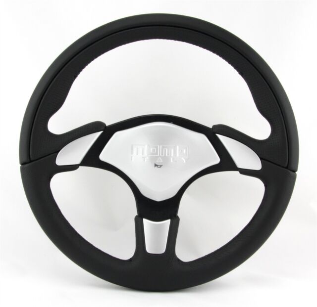 Momo X-Avion Black Leather 350mm Steering Wheel With Silver Horn Pad 18c