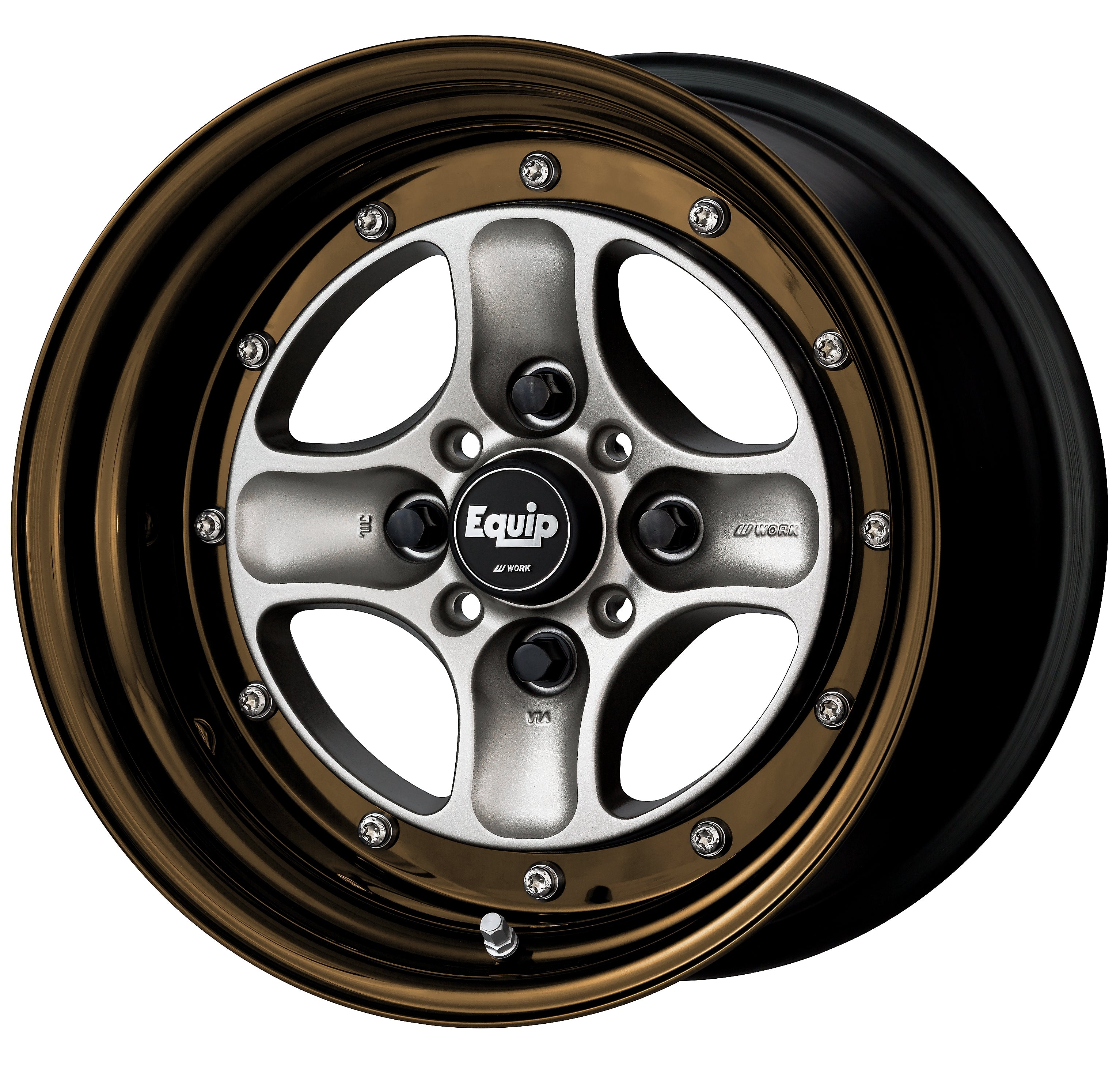 WORK WHEELS Equip 40 BRUT SILVER [BSL] CENTRE DISK, GLOSS BRONZE ANODIZED STEP RIM WITH CHROME RIVETS SET OF 4