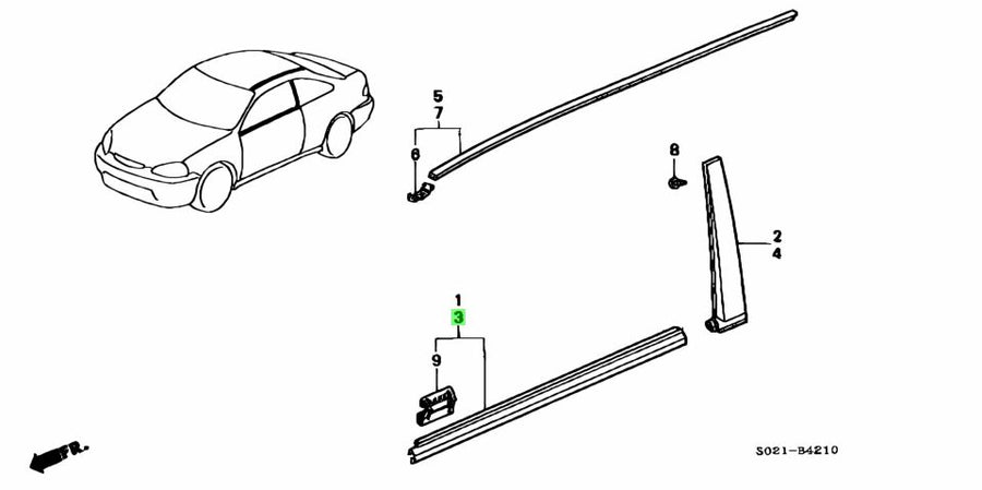 HONDA Genuine CIVIC EK 96-00 2 DOOR WINDOW MOLDING - LEFT SIDE 72450-S03-003