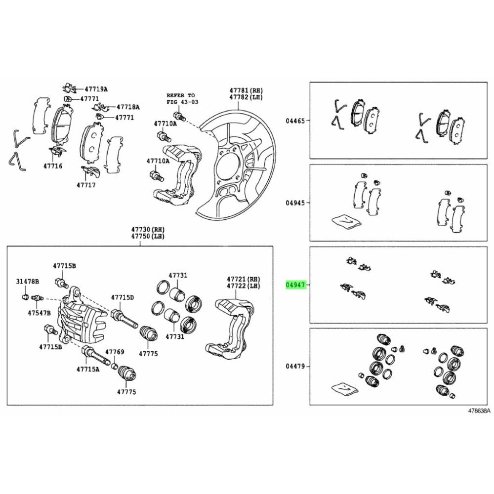 TOYOTA OEM ANH20/GGH20/AGH30/ACR30/GSR50/ACR50 Front brake fitting kit 04947-28070